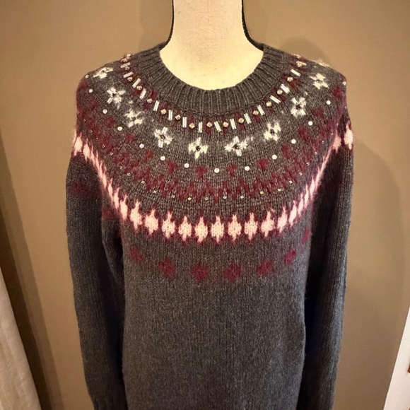 J. Crew Jewel Embellished Fair Isle Crewneck Sweater Dress, Wool Blend, Size Med - Picture 2 of 15